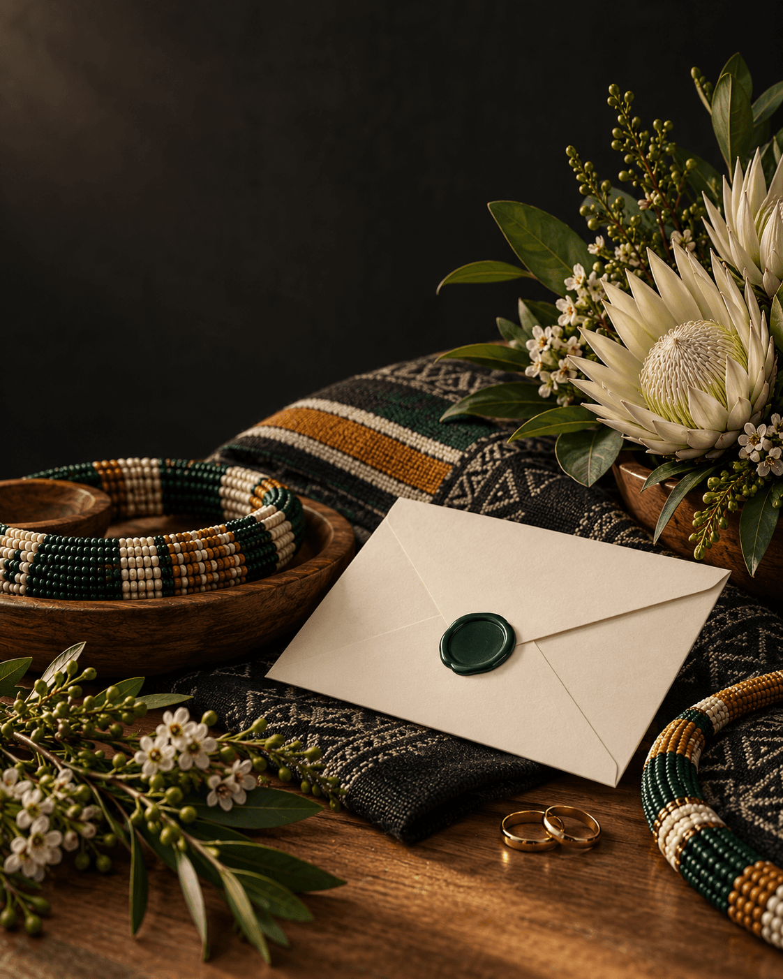 Invitation envelope arranged with beadwork, indigenous flowers and fine textiles
